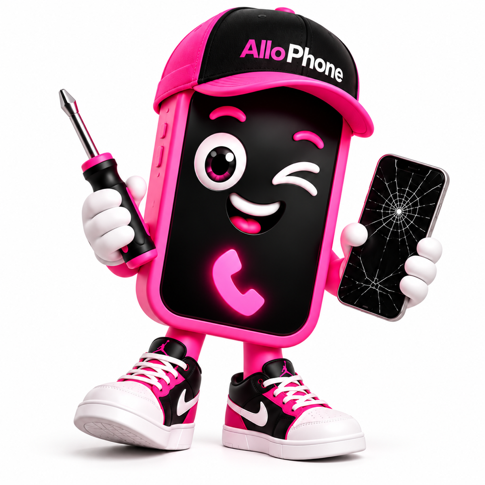 Mascotte Allo Phone avec un tournevis et un téléphone fissuré